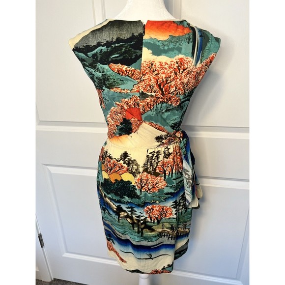 Carven Dress Asian Print Tie Wrap Scoop Neck Abstract Swoop Neck 36 8 / 10 - Picture 7 of 16